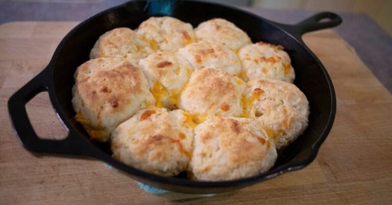 cheddar biscuits in a cast iron skillet