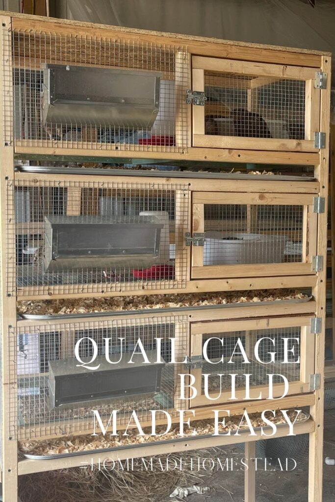 complete quail cage with feeder attached in front and pan with shavings under each floor